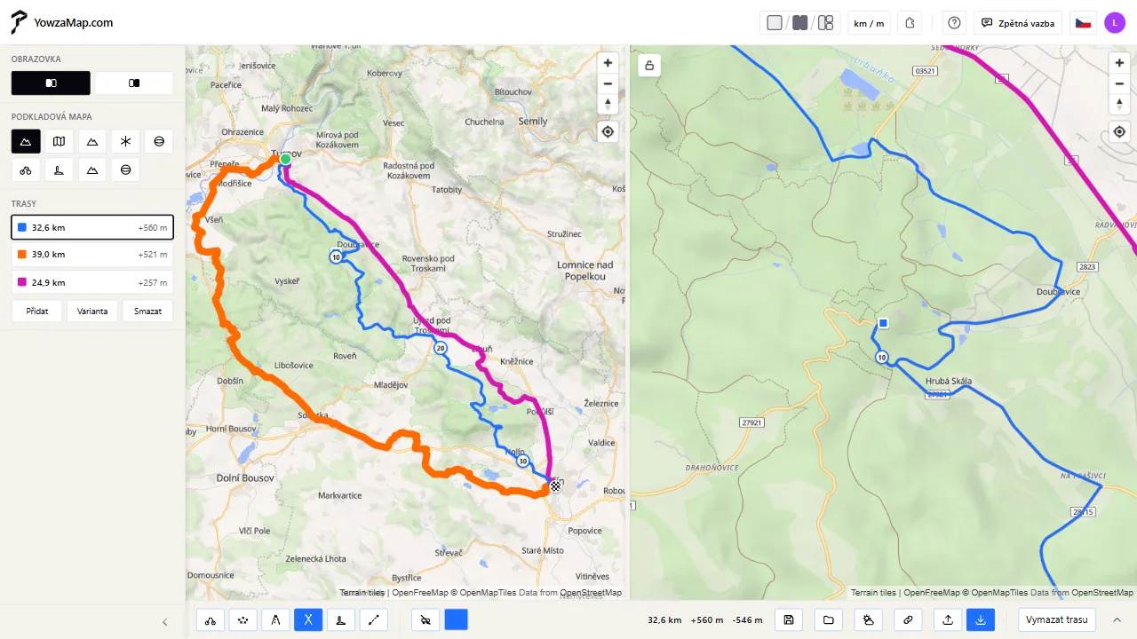 Tři varianty jedné vyjížďky na dvou mapách vedle sebe: celá trasa a detail místa, kde se rozcházejí