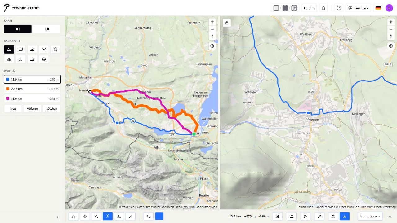 Drei Varianten einer Tour auf zwei Karten nebeneinander: die ganze Strecke und ein genauer Blick, wo sie sich trennen
