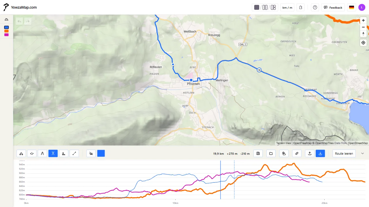 Eine Route aus der Nähe mit dem Höhenprofil darunter, eine im Profil gewählte Stelle ist auf der Karte markiert