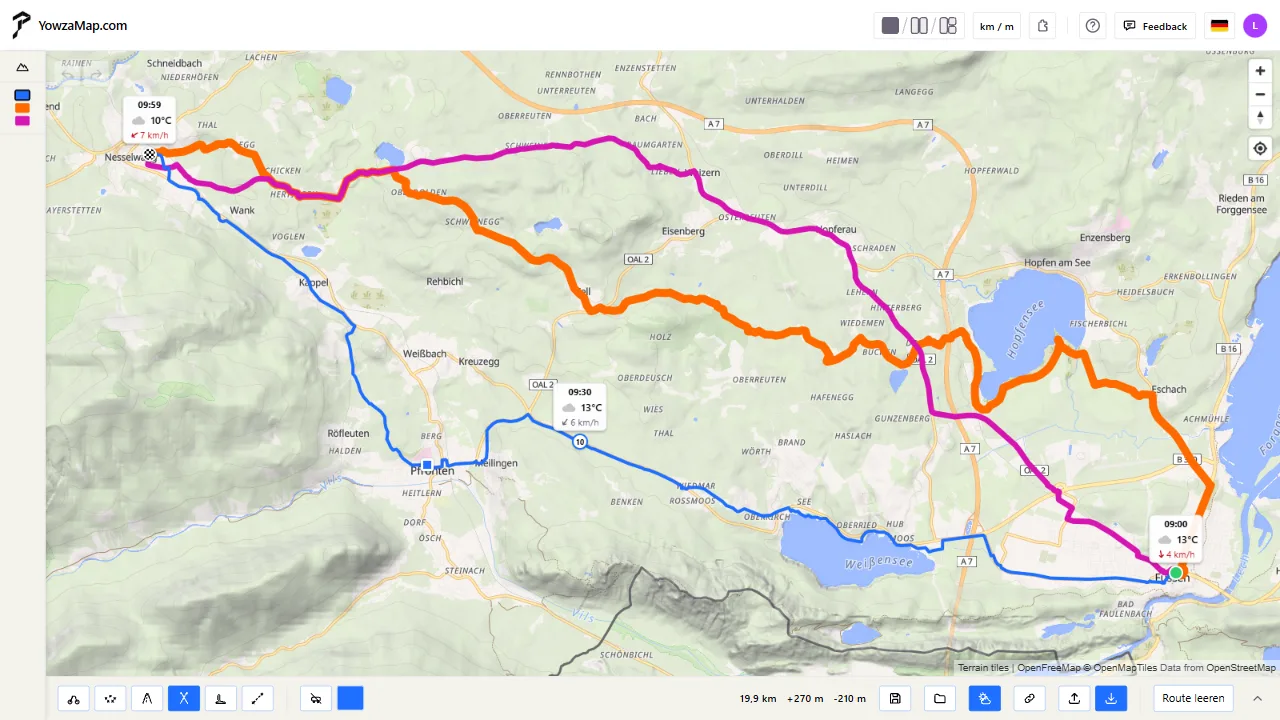 Das Wetter entlang einer Route: Temperatur und Wind zu der Zeit, zu der du jeden Ort erreichst