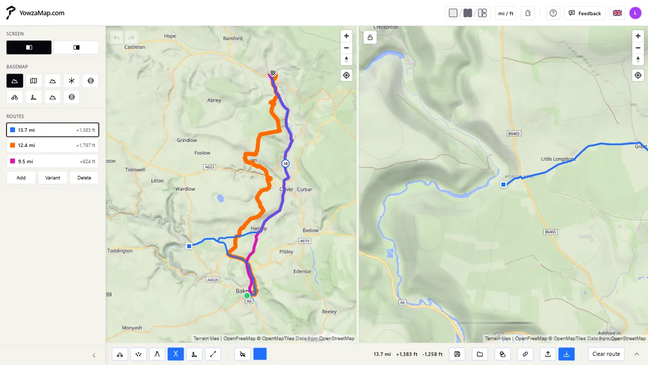 Three variants of one ride on two maps side by side: the whole ride, and a close look where they part