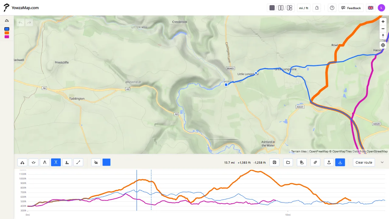 A route close up with its elevation profile below, a spot picked in the profile shown on the map