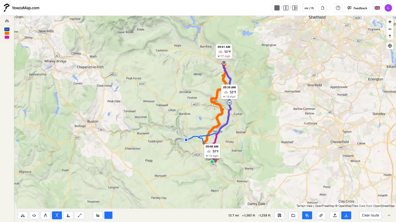 The weather along a route: temperature and wind at the time you get to each place