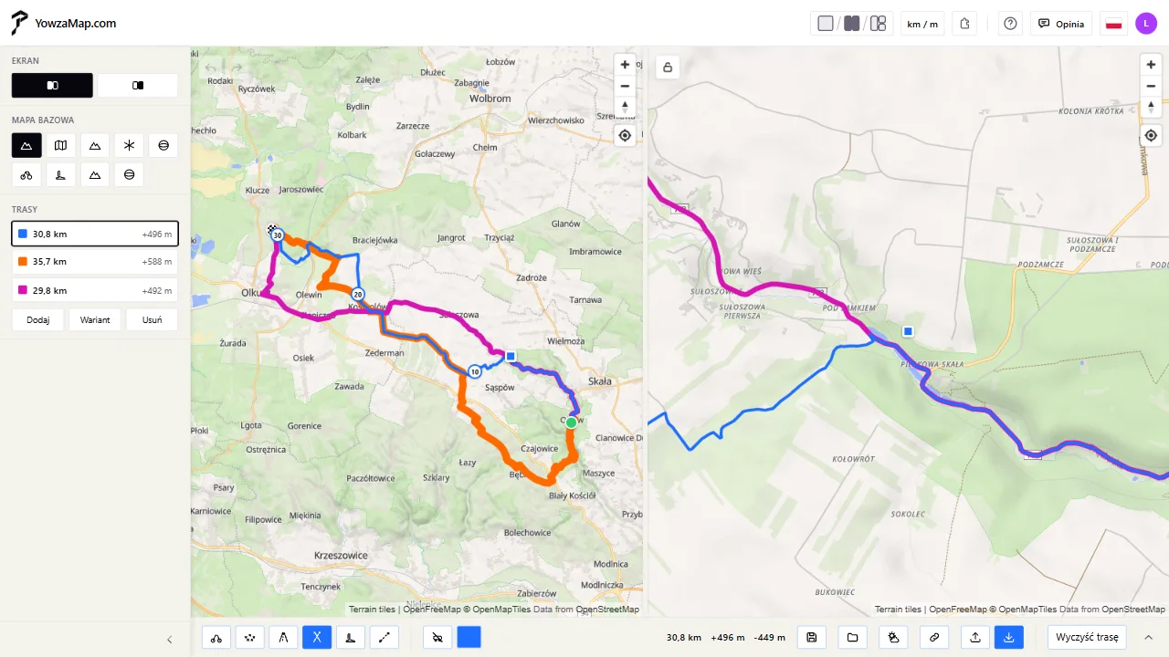 Trzy warianty jednej wycieczki na dwóch mapach obok siebie: cała trasa i zbliżenie miejsca, w którym się rozchodzą