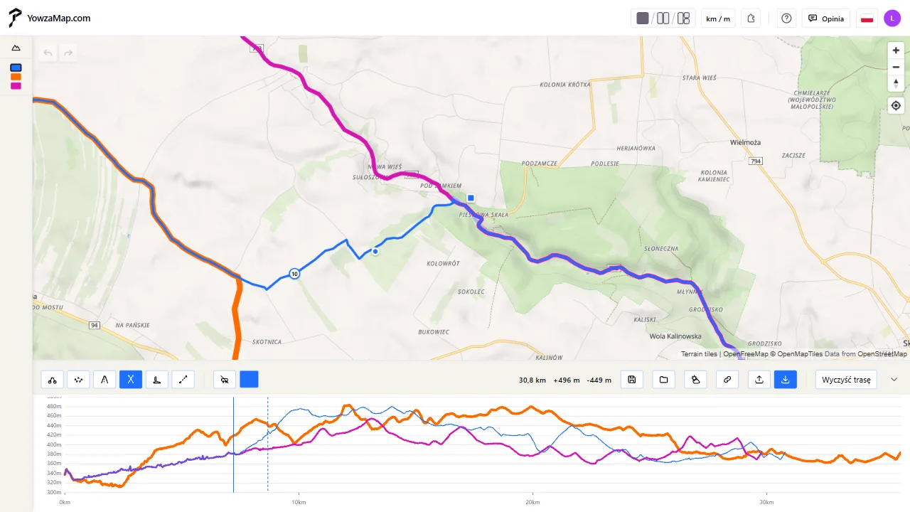 Trasa z bliska z profilem wysokości pod mapą; punkt wybrany na profilu jest zaznaczony na mapie